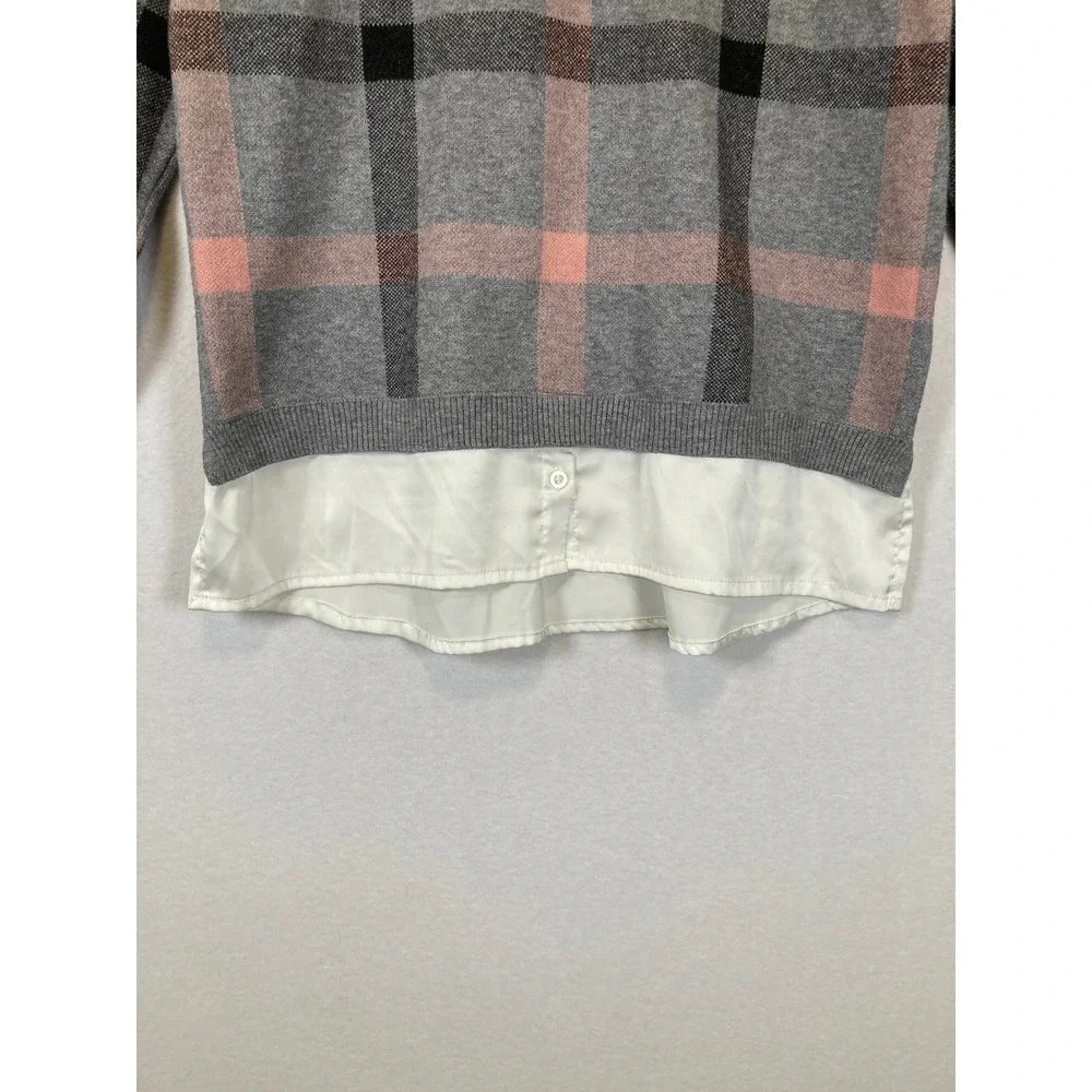 Preppy Tahari Women‎ Medium Grey Pink Plaid Layered Look Collared Sweater